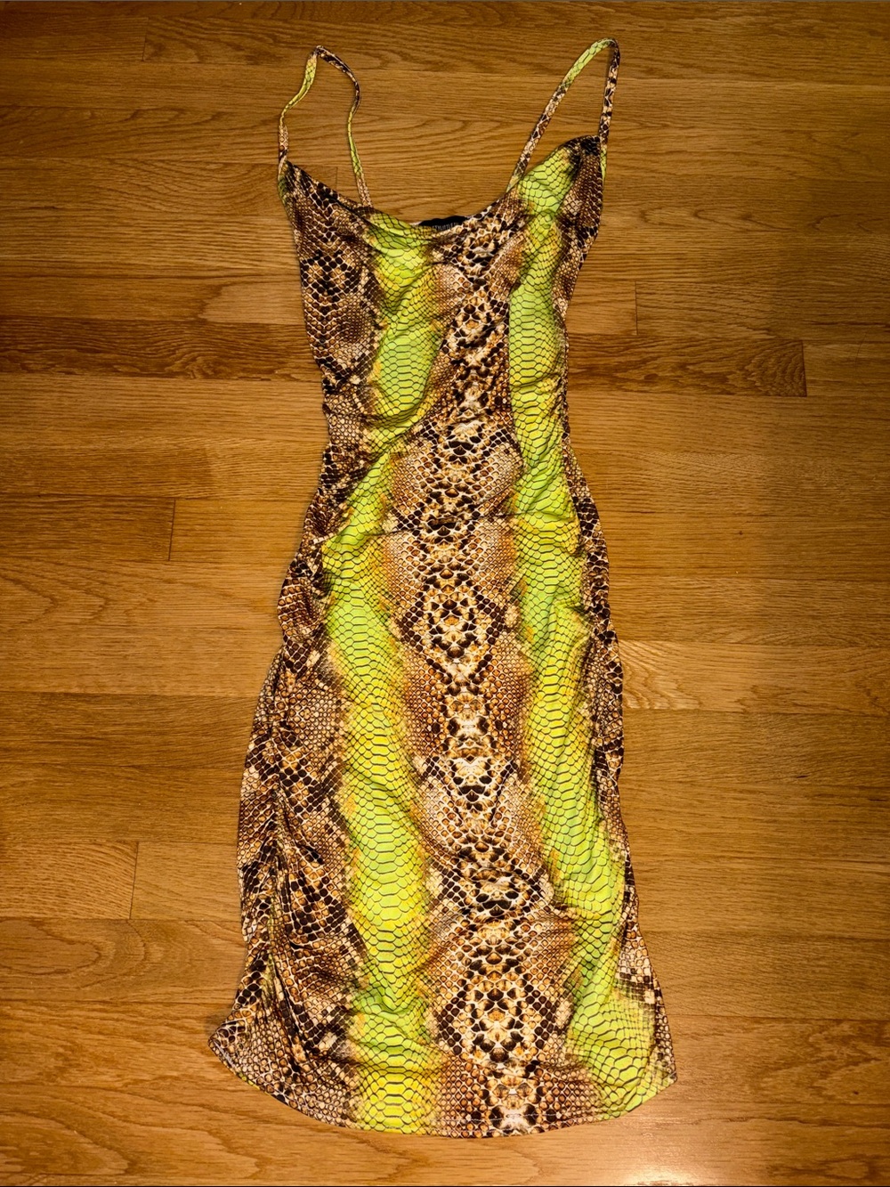 PrettyLittleThing Neon Green and Brown Snake-Print Slip Dressed